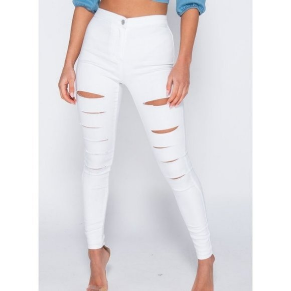 Denim - White High Waist Ripped Distressed Skinny Denim Jeggings Pants